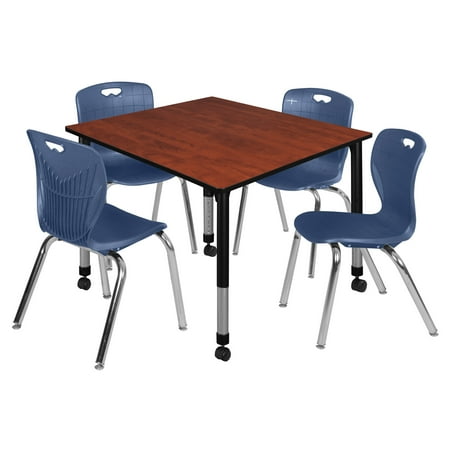 UPC: 0192357044018 | Regency 48 in. Kee Square Height Adjustable Mobile Classroom Table  Cherry & 4 Andy 18 in. Stack Chairs – Navy Blue
