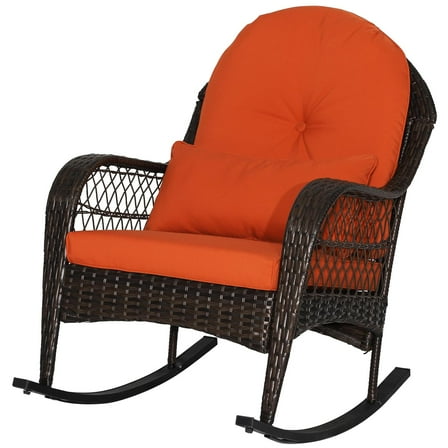 Gymax Wicker Rocking Chair w/ Orange Seat Back Cushions & Lumbar Pillow Balcony Patio