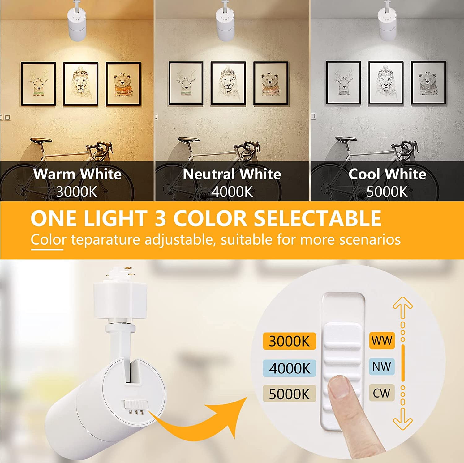 VANoopee 3-Color 10W H Track Lighting Heads Dimmable LED Track Light Heads Bright Rail Ceiling Spotlight Fixtures Accent Task, 3000K 4000K 5000K, Flicker Free CRI90+ 36° 1000lm, Matte White, Pack of 4