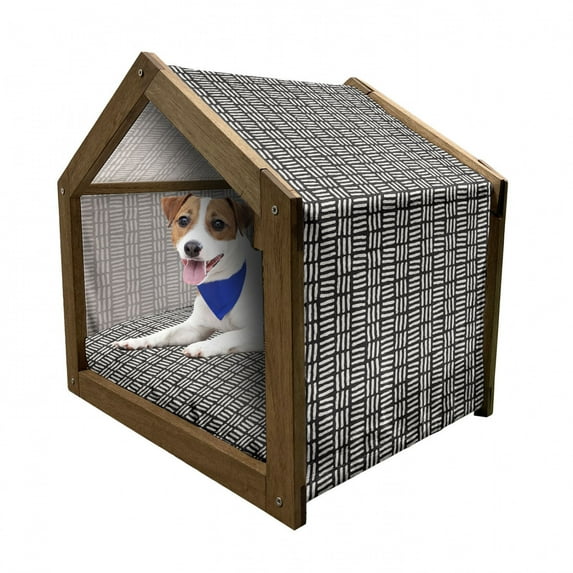 Abstract Pet House, Weathered Look Geometric Design with Perpendicular Skew Lines Modern Art, Outdoor & Indoor Portable Dog Kennel with Pillow and Cover, 5 Sizes, Black and White, by Ambesonne