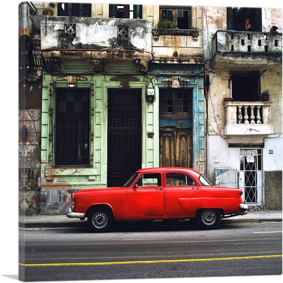 ARTCANVAS Red Car Havana Cuba Canvas Art Print - Size: 18" x 18" (0.75" Deep)