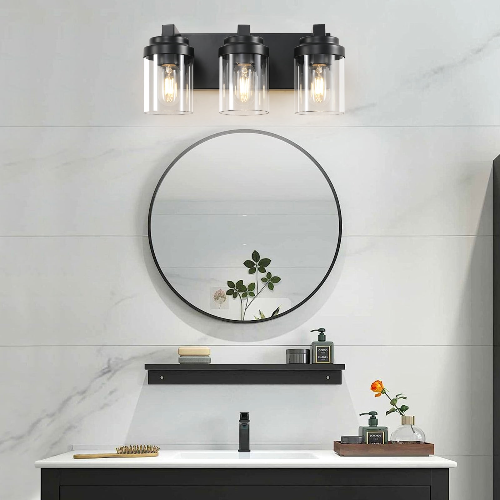 Miniyam 3 Light Bathroom Vanity Light, Matte Black Light Fixtures with Clear Glass Shade Over Mirror for Bedroom Living Room (E26,Bulb Not Included)