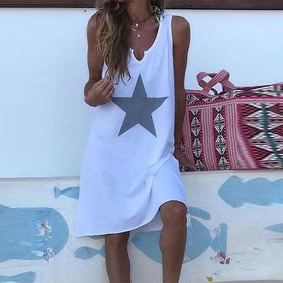 SDJMa Women's Summer Floral Print Dress Women Bohe Summer Casual Stars Print Dress V-Neck Sleeveless Loose Dresses