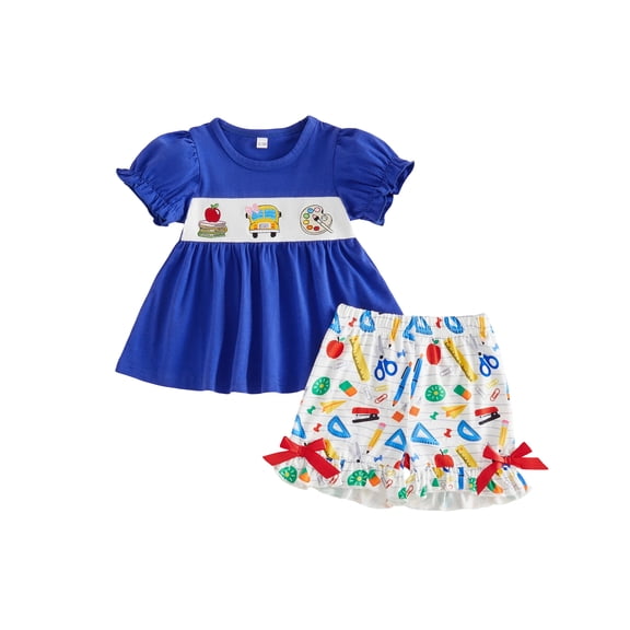 Cenuakty Toddler Girls Back to School Outfit Embroidery Short Sleeves T-Shirt and Side Bows Elastic Shorts Set