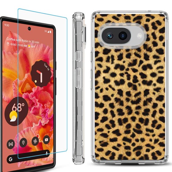 For Google Pixel 9a Phone Case Cover, Shockproof Bumper Case with Tempered Glass Screen Protector, by OneToughShield - Cheetah Gold/Black