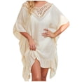 thumbnail image 3 of Beach Cover Ups for Swimwear Women Batwing Sleeve Solid Colot Hollow Out Bathing Suit Loose Fit Cover Up Summer Dresses Beige, One Size, 3 of 8