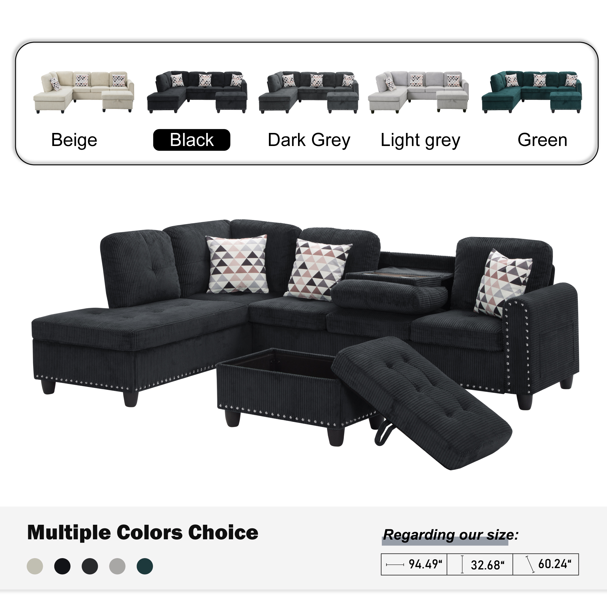 AENKYO 95″ L-Shaped Corduroy Modular Sectional Sofa with Ottoman & Cup Holders – Living Room Couch for Apartments，Black