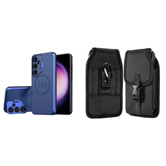 Bolt Alloy Series Case for Samsung Galaxy S24 with Glass Screen Protector, Belt Clip Holster Carrying Pouch - Electric Blue