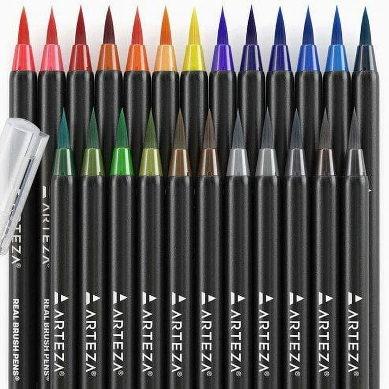 Arteza Felt Tip Pens, Set of 24 Basic Brush Tip Calligraphy Pens for Note Taking, Sketching, Cross-Hatching, and Outlining, D