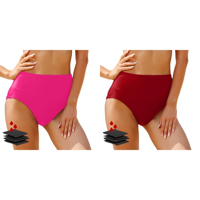 2 Pack(Hot Pink 1PCS & Red 1PCS) Multipack Women's High Waisted Bikini Bottoms Retro Basic Full Coverage Swimsuit Mid Waist Bathing Suit Bottom