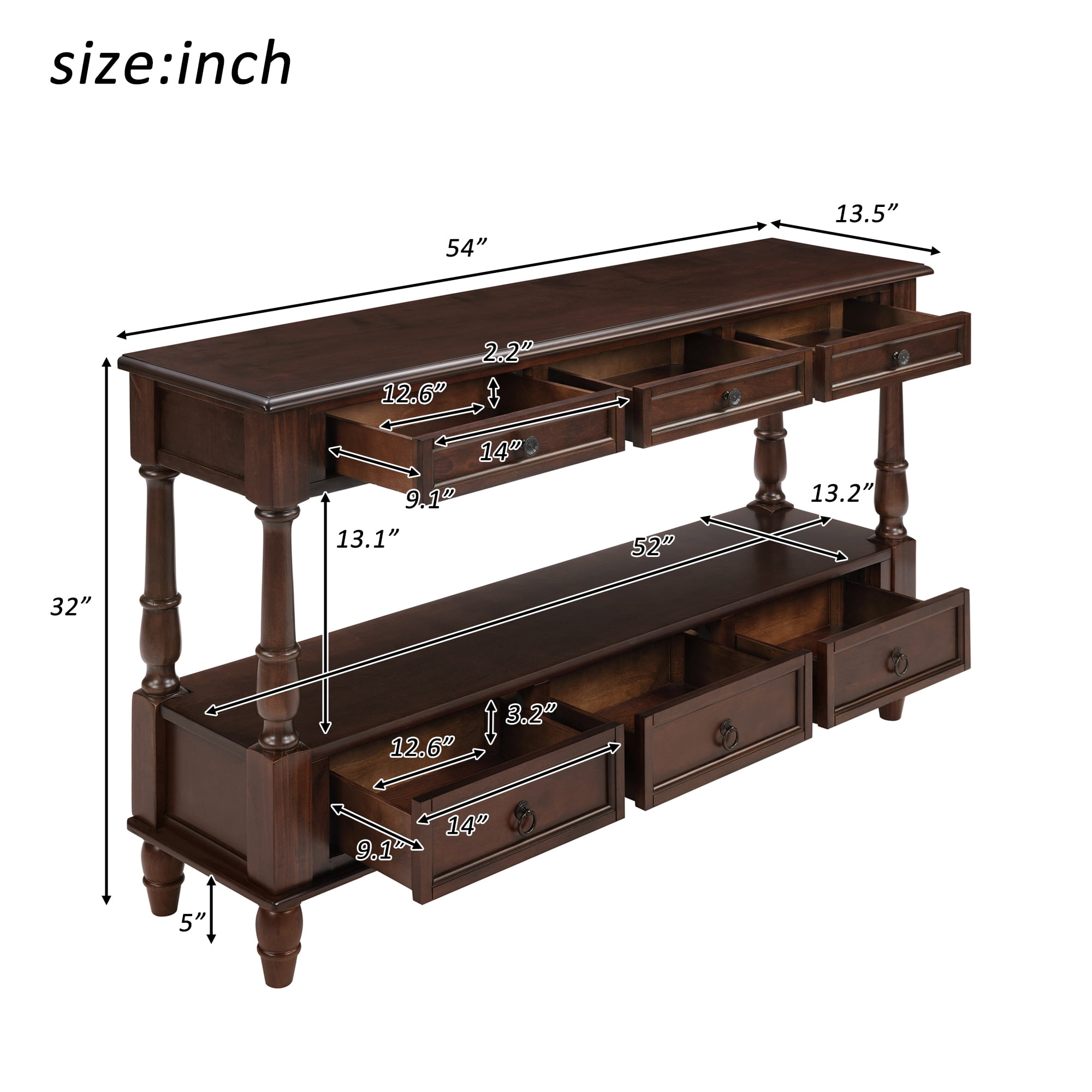 BFJDM 54" Solid Wood Farmhouse Console Table, Espresso with 6 Drawers Storage Shelf for Living Room Hallway