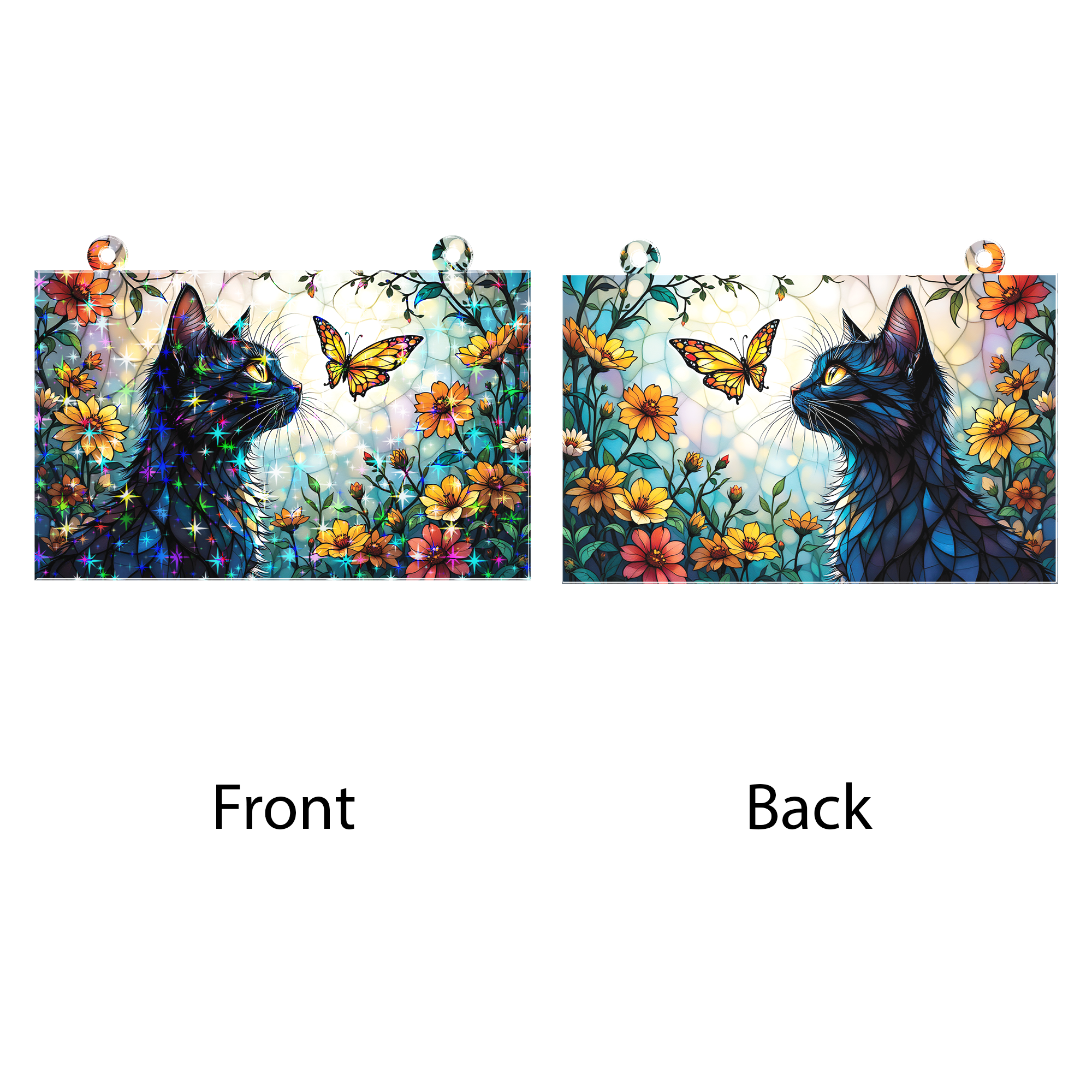 89Bloom Cat and Butterfly Stained Glass Hologram Ornament, Stained Glass Suncatcher Ornaments Home Decor, Holographic Ornaments