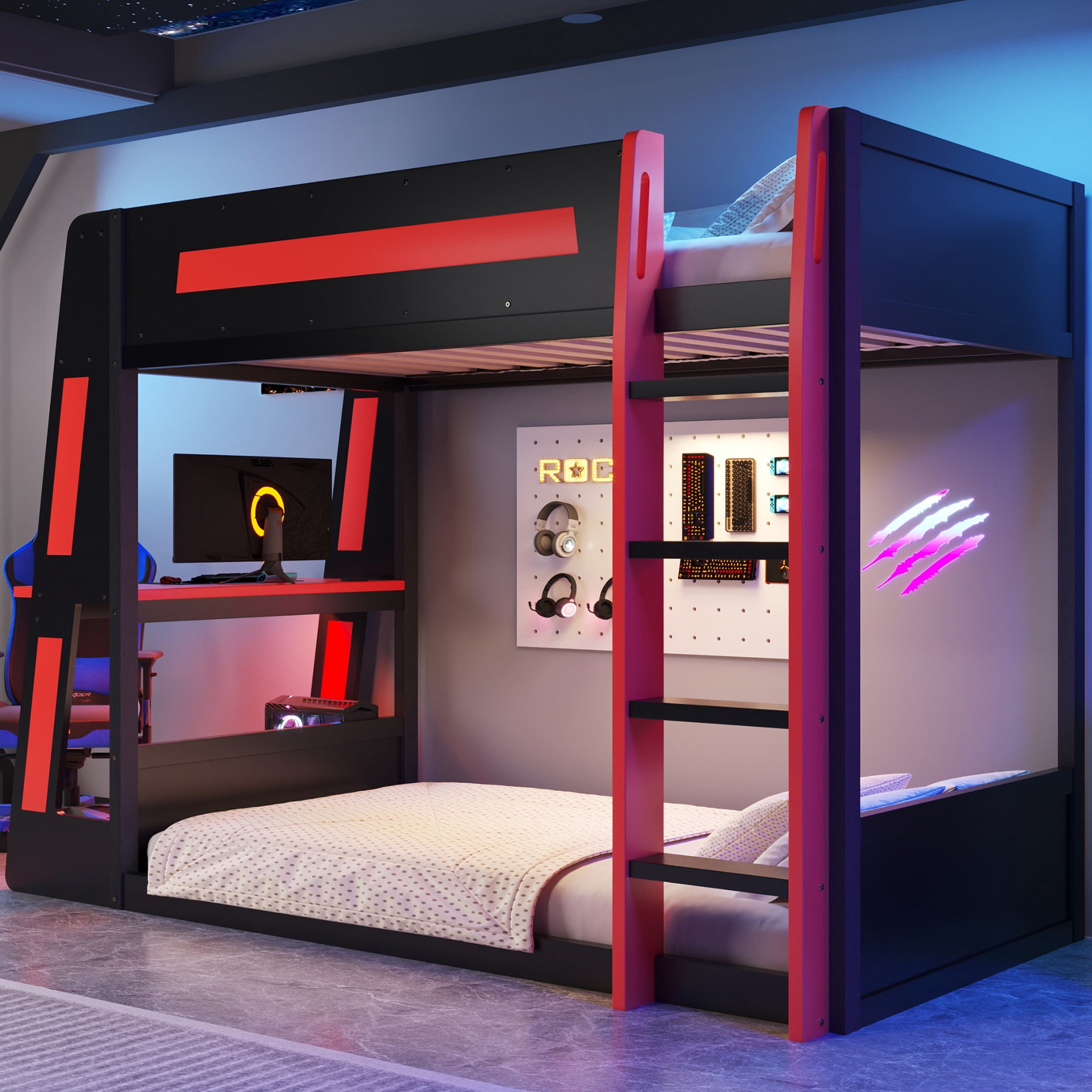 Noble House Nira Twin Gaming Bunk Bed with Desk and LED Lights, Wood Loft Bed with Charging Ports, Black and Red
