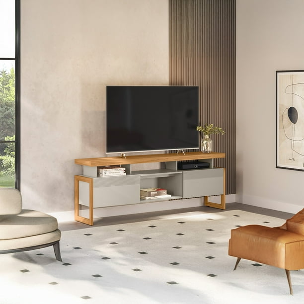 Mesa para TV hasta 75 Pulgadas Bossa Esmeralda Nature y Blanco Hueso con Puertas Corredizas