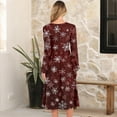 thumbnail image 3 of Women's Christmas Printed Fashionable Loose Round-Neck Dress for Casual Comfort and Holiday Festivities with Vintage Print,Wine,L, 3 of 5