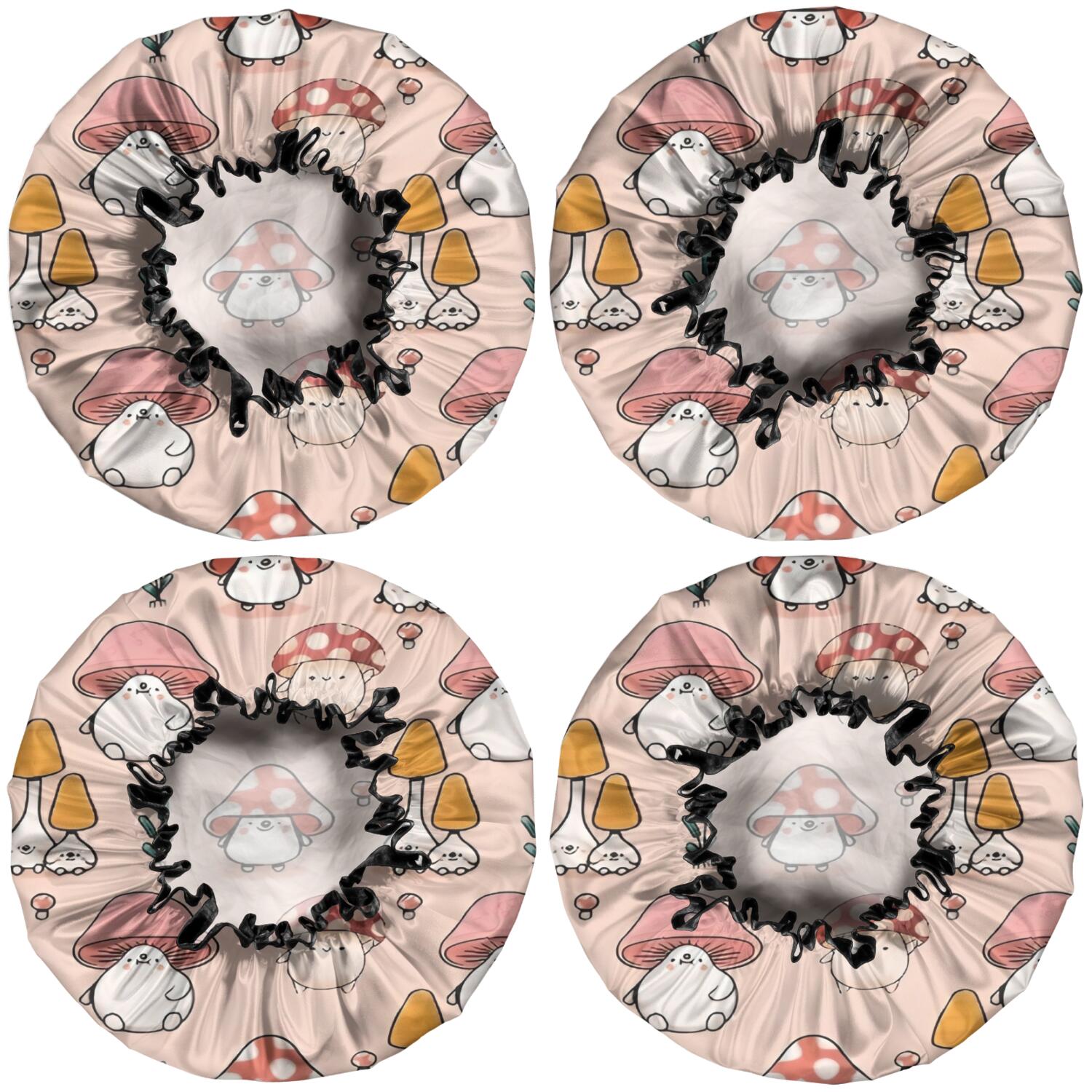 Shower Caps,Pink Mushroom Cartoon Light Pattern Waterproof Shower Cap for Women 4 Pieces,Double Reusable Hair Cover for Shower PEVA Elastic Stretch Hem