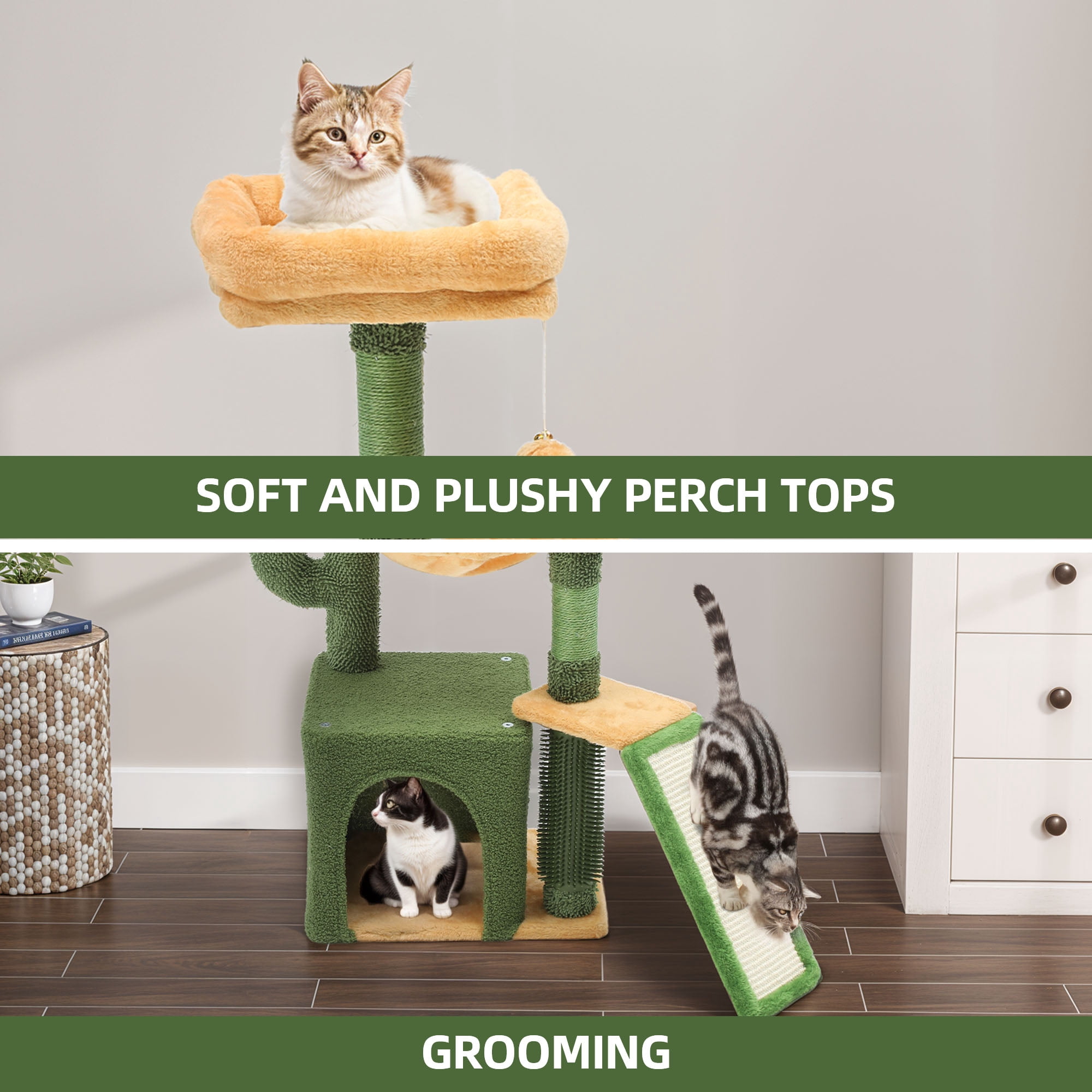 Uforic 37" Cactus Cat Tree Tower with Sisal Scratching Posts, Cat Climbing Tower for Indoor Cats with Cat Condo & Hammock,  Green&Yellow