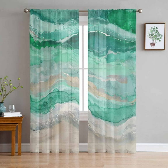 Green Coastal Semi Sheer Curtains 96 Inch Length 2 Panels Set, Summer Beach Nautical Abstract Art Sheer Kitchen Curtain Privacy Voile Window Curtain for Living Room Bedroom Rod Pocket Drapes