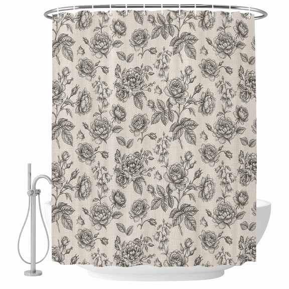 Black Rose Shower Curtain Set - Small 36" x 72" Washable Bathtub Curtain with 12 Hooks, Farmhouse Vintage Botanical Floral Burlap Waterproof Fabric Stall Shower Curtains for Bathroom/Bathtub Décor