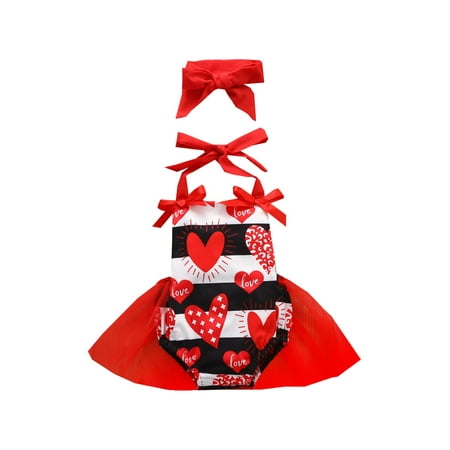 

Valentine s Day Infant Baby Girl Romper Halter Tie Up Neck Heart Printed Bodysuit Tulle Hem + Headband