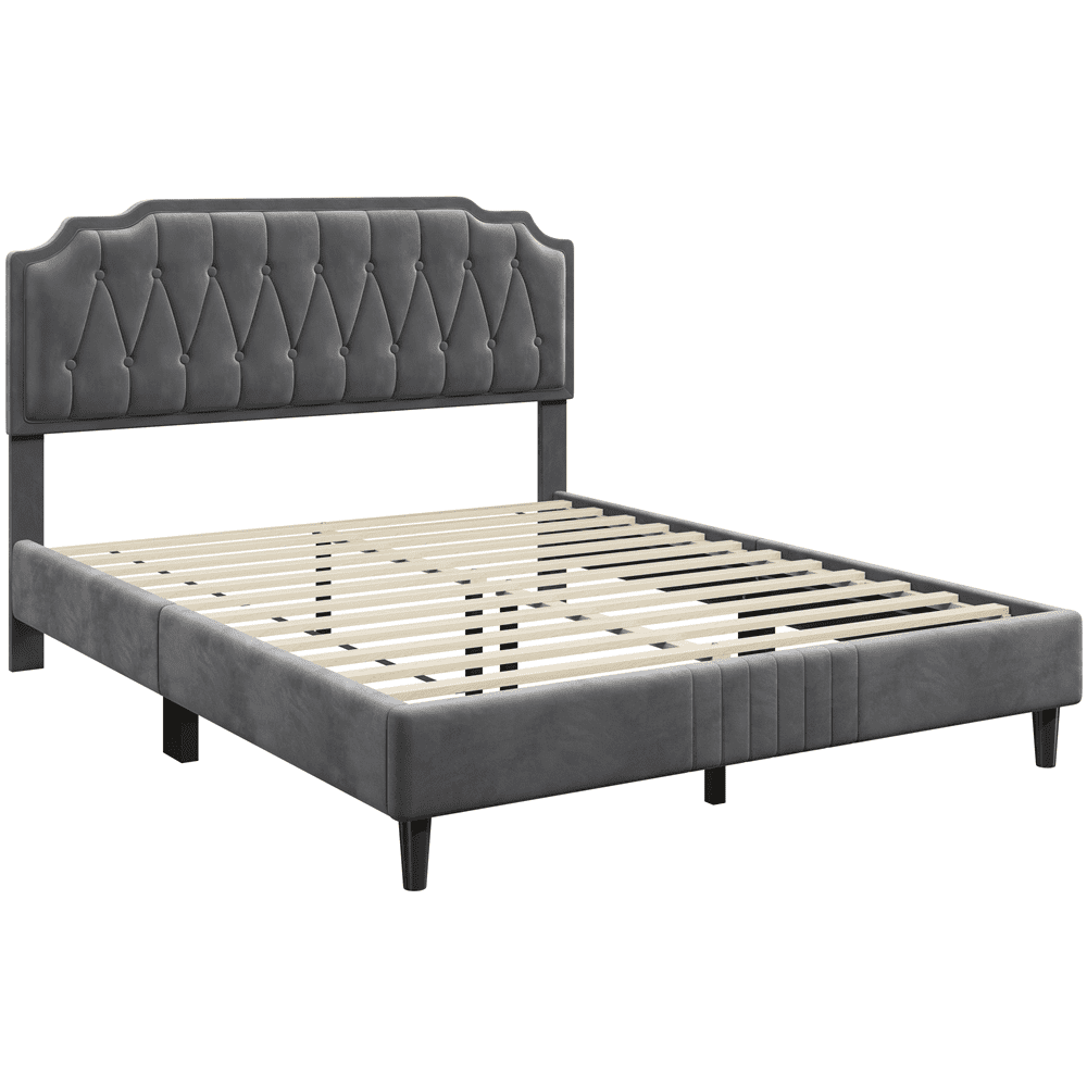 Yaheetech Queen Size Upholstered Bed Frame with Wooden Slat Support, Dark Gray