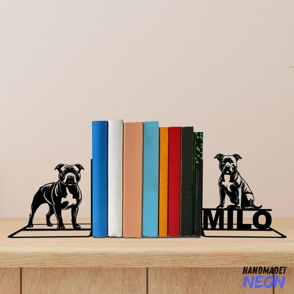 Handmadetneonsign Staffordshire Bull Terrier Metal Bookends, Dog Name Bookend, Table Bookshelf Decor 047048