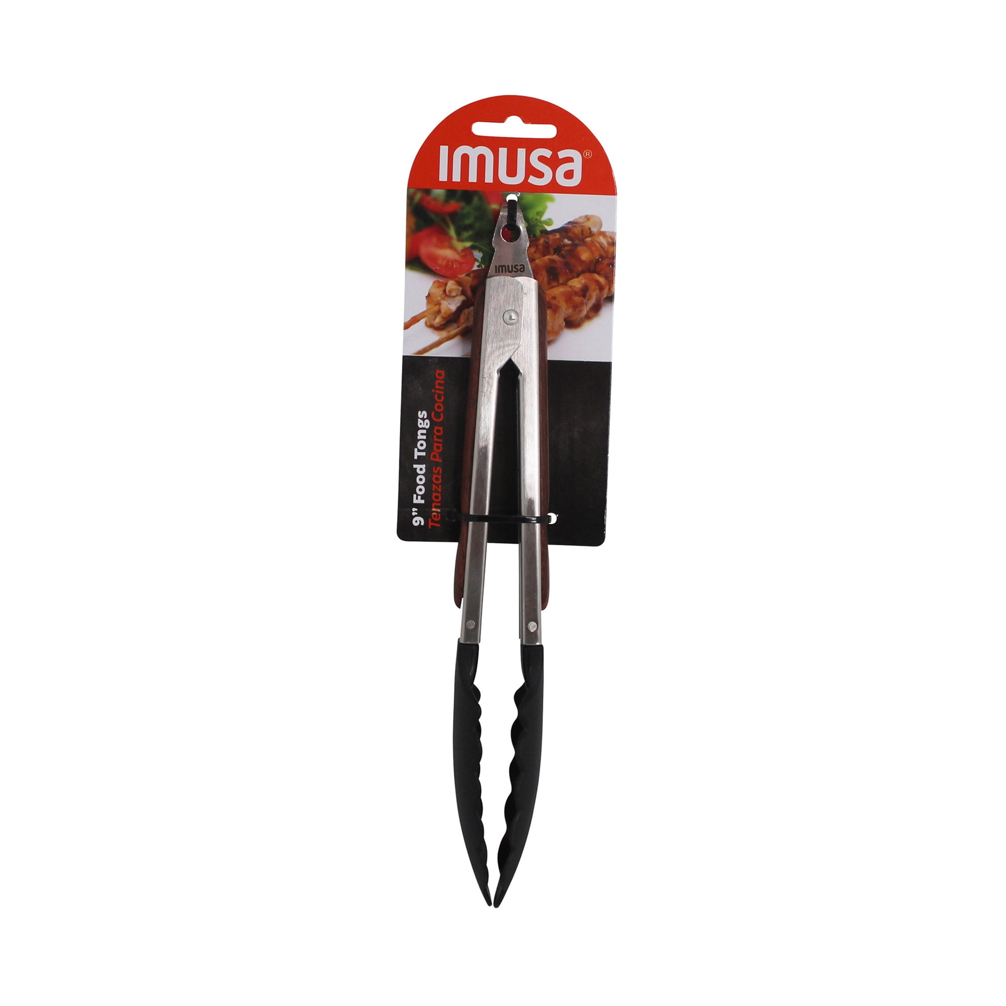 IMUSA 9in Chef WL Stainless Steel Food Tongs with Nylon Tips and Wood Look Grip