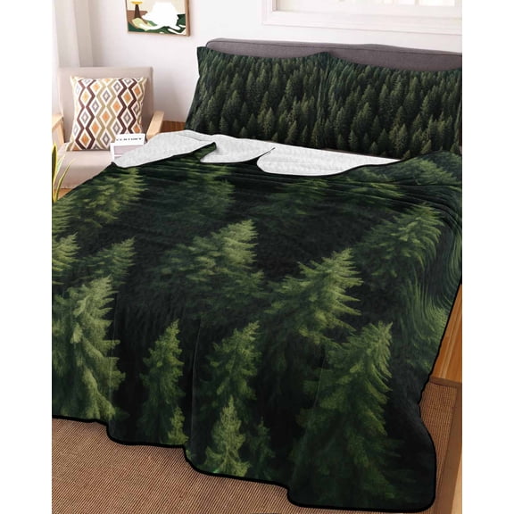 Dark Green Forest Full Size Down Alternative Comforter, Lightweight Comforter Quilt Bedding Set with Pillow Shams Pine Trees Modern Mysterious Art All Seasons Bed Comforter Duvet Insert 78"x90"