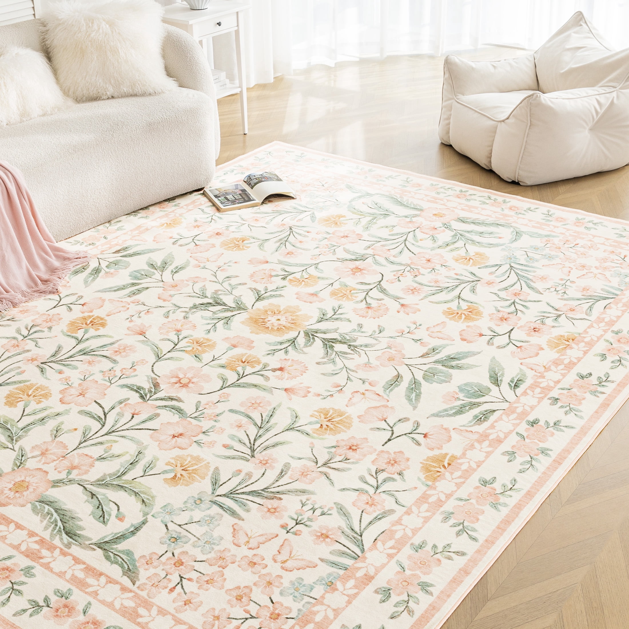 Sleep Zone 4x6 Washable Non Slip Area Rug Elegant Floral, Wave edge Scalloped Water Resistant Rug for Bedroom Living room