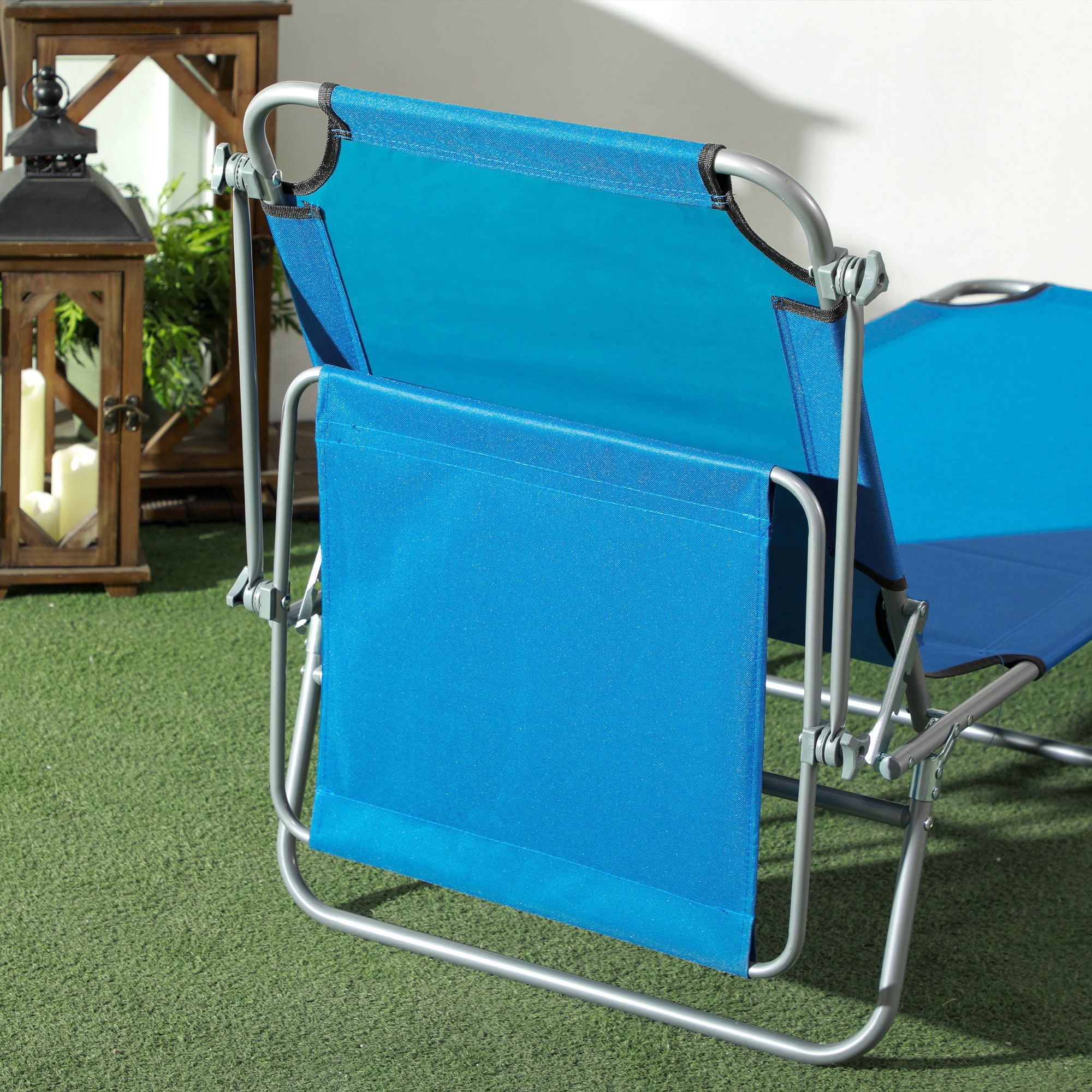 Outdoor Pool Chaise Lounge Chair, Folding Tanning Chair with Sun Shade, Blue