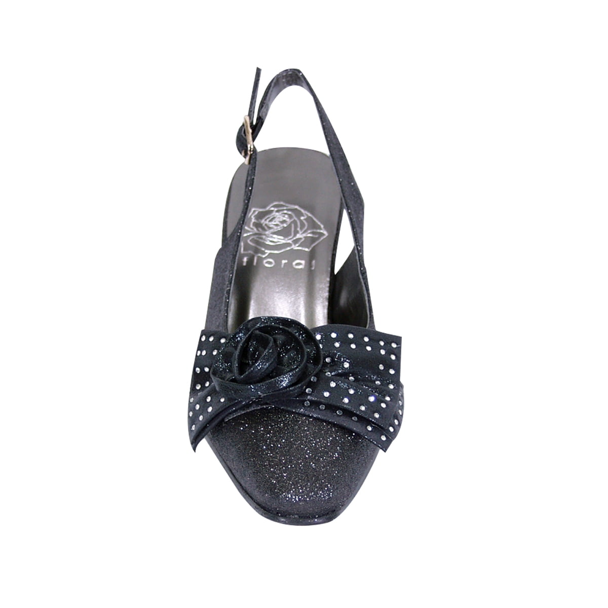 FLORAL Alaina Women's Wide Width Crystal Rose Bow Glitter Fabric Upper Slingback BLACK 10