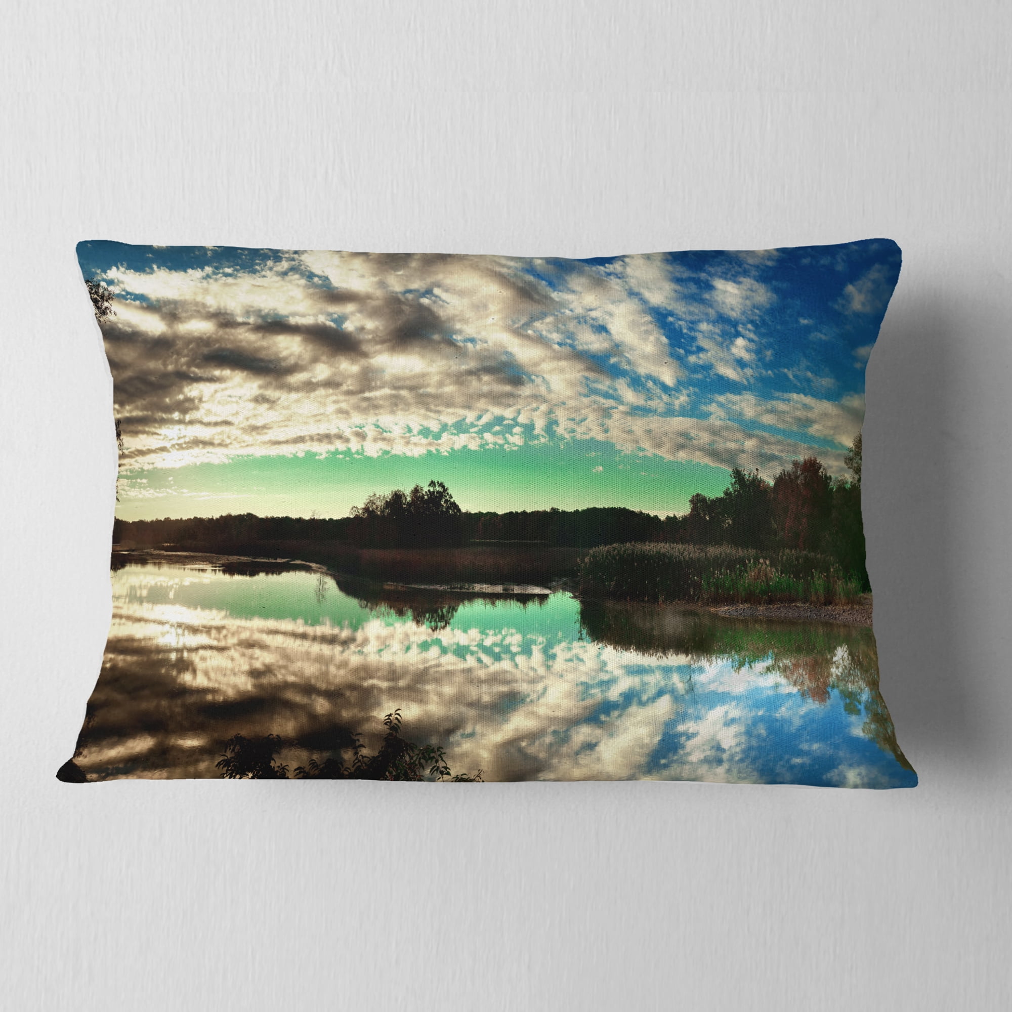 Designart Sky Clouds Mirrored in River Panorama - Landscape Printed Throw Pillow - 12x20