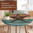 thumbnail image 3 of Teal Brown Round Tablecloth 55-60 Inch Round Fitted Table Cloth with Elastic Edge, Country Texas Star Farmhouse Barn Door Wood Waterproof Table Cover Protector for Outdoor Picnic Party Dining, 3 of 6