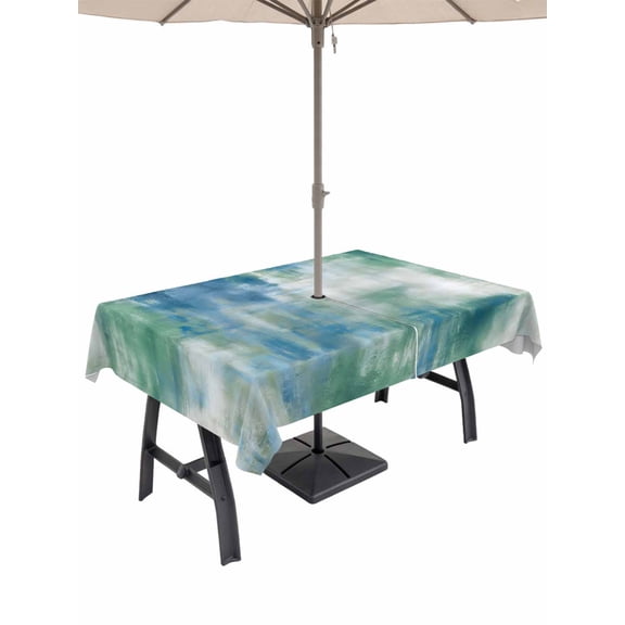 Outdoor Tablecloth with Umbrella Hole for Patio/Picnic/Party/Camping, Blue Green Waterproof Table Cloth Rectangle Table Cover Washable, Modern Abstract Minimalist Texture Watercolor (52"x 70")