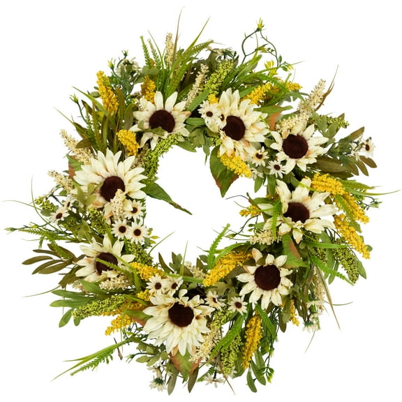 Northlight Sunflowers, Daisies and Pip Berries Floral Artificial Fall Harvest Wreath - 24"