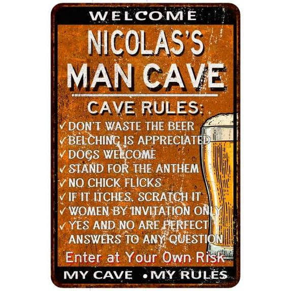 NICOLAS'S Man Cave Rules Rusty Sign Garage Decor 8 x 12 Matte Finish Metal 108120051422
