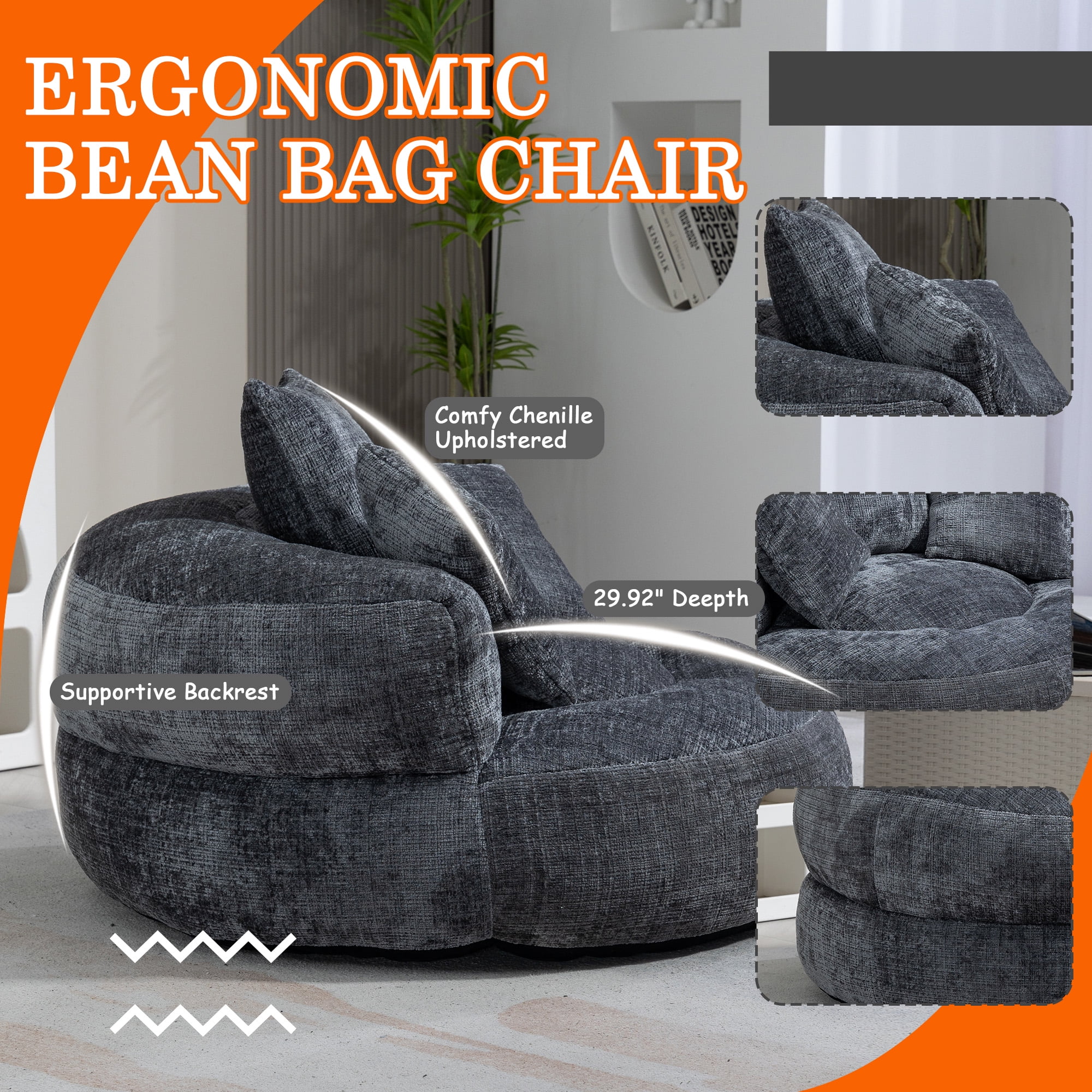 42.5''W Chenille Bean Bag Chairs, Chenille Soft Lazy Sofa Chair, Bean Bag Chair For Adults & Kids To Gaming,Reading,And Watching TV,Living Room, Bedroom,Office Room(Gray)