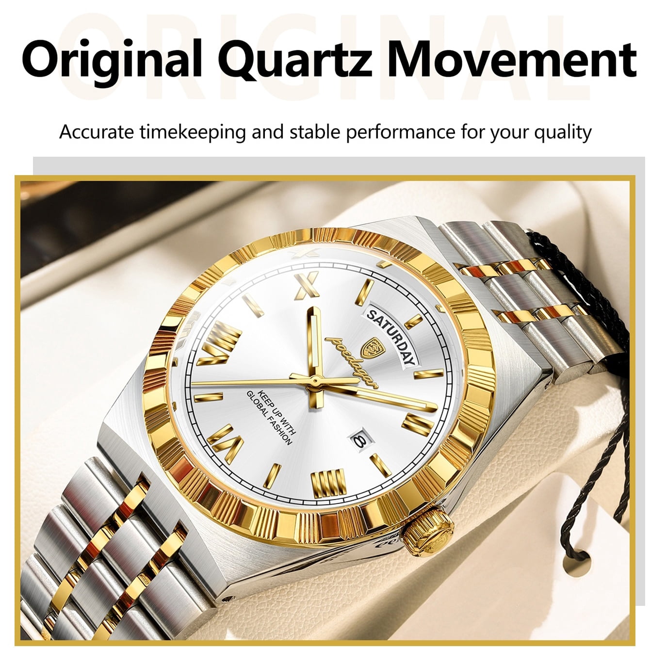 POEDAGAR Luxury Men's Waterproof Luminous Wrist Watch with Date Week Display Stainless Steel Strap