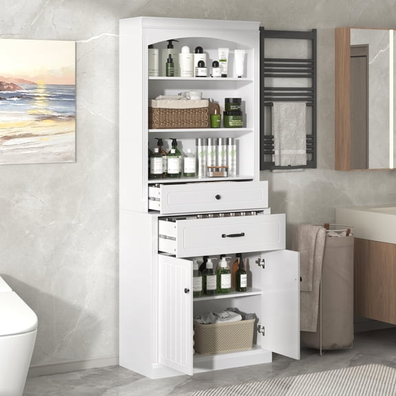 Jopath White Bathroom Storage Cabinet with 2 Doors and 2 Drawers, Adjustable Shelf and Three Open Shelves for Bathroom, Bedroom
