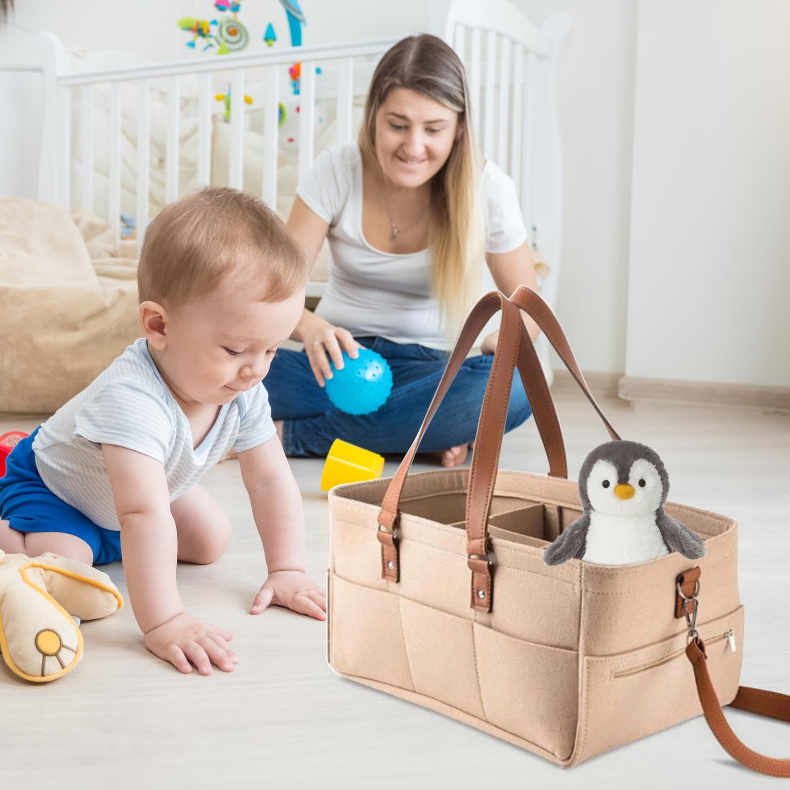 Baby Diaper Caddy Organizer, Soft Felt Bag with 6 Side Pockets, Portable Tote Nappy Bag for Car or Nursery, Must-Have for travel, Car or Nursery