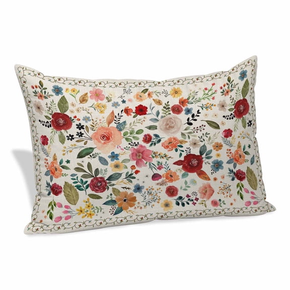 Colorful Flowers Square Throw Pillow Covers Spring Vintage Watercolor Floral Leaves Linen Texture Decorative Lumbar Pillow Cover Rectangle Cushion Case for Sofa Couch Bed Living Room 12 X 20 Inches
