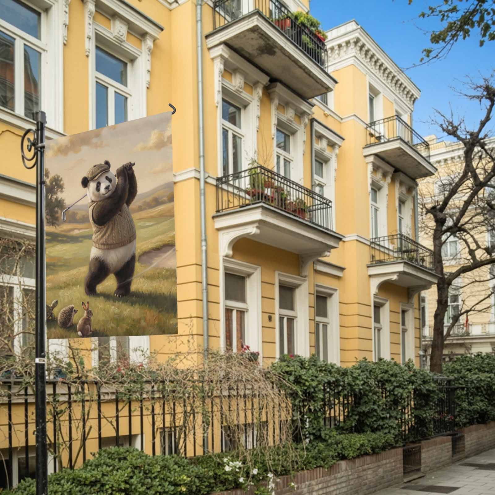 Cute Panda House Flag 28 x 40 Inches, Watercolor Pastoral Scenery Funny Hedgehog Rabbit Golf Weather Proof Outdoor Patio Flags Double Sided Small House Decoration for Yard Lawn Outside Home