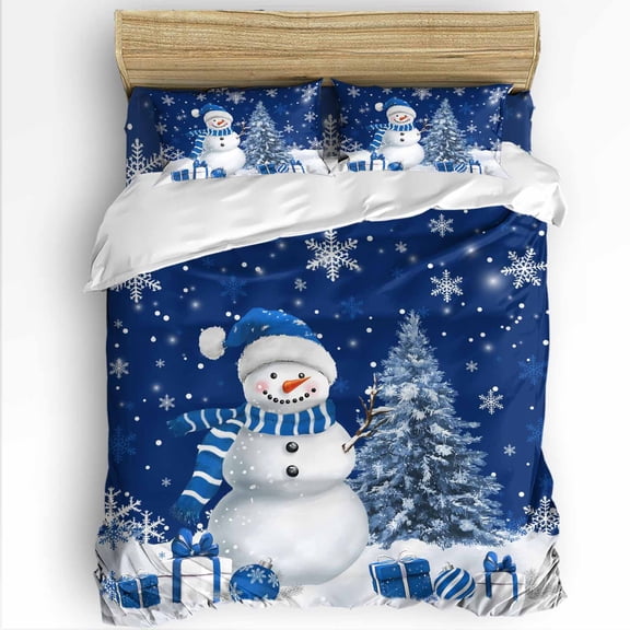 Christmas Snowman King Size Comforter Set, Snowman Xmas Tree Snowflakes Navy Blue Soft Bedding for All Seasons, 4 Pcs Bed Set with 1Comforter (90"x106") ,1 Sheet(94"x116"), 2 Pillowcases (19"x35")