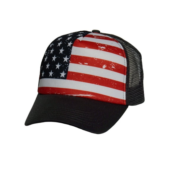 American Flag Trucker Hat Vintage USA Mesh Snapback Cap for Men Women, Black