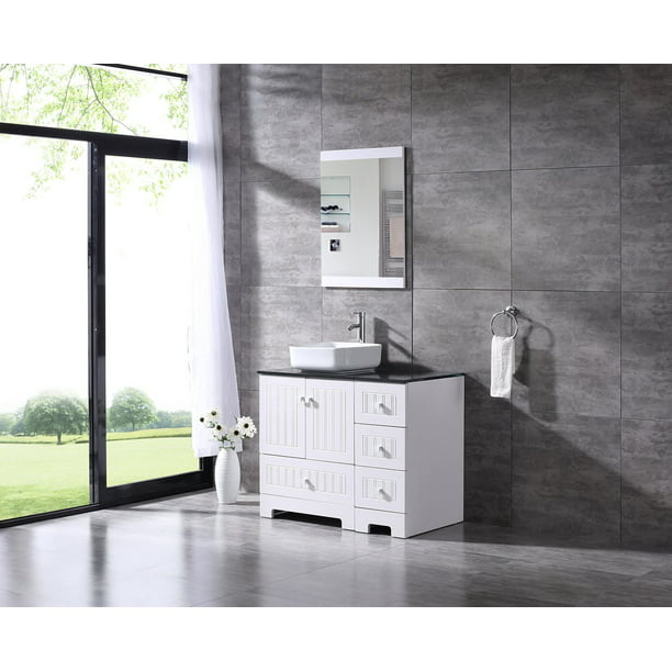 White Wood Bathroom Vanity Cabinet, 36 Bathroom Vanity With Top Combo