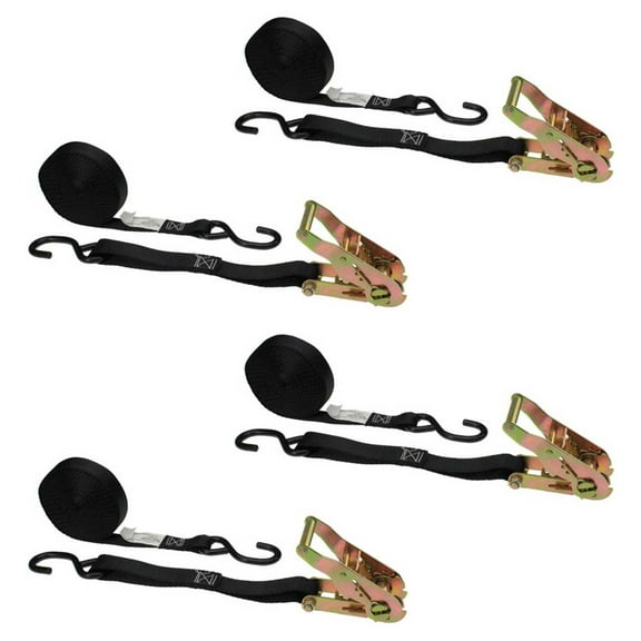 1" x 16' Ratchet Strap w/ Vinyl Coated S-Hook (Black) - 4 Pack