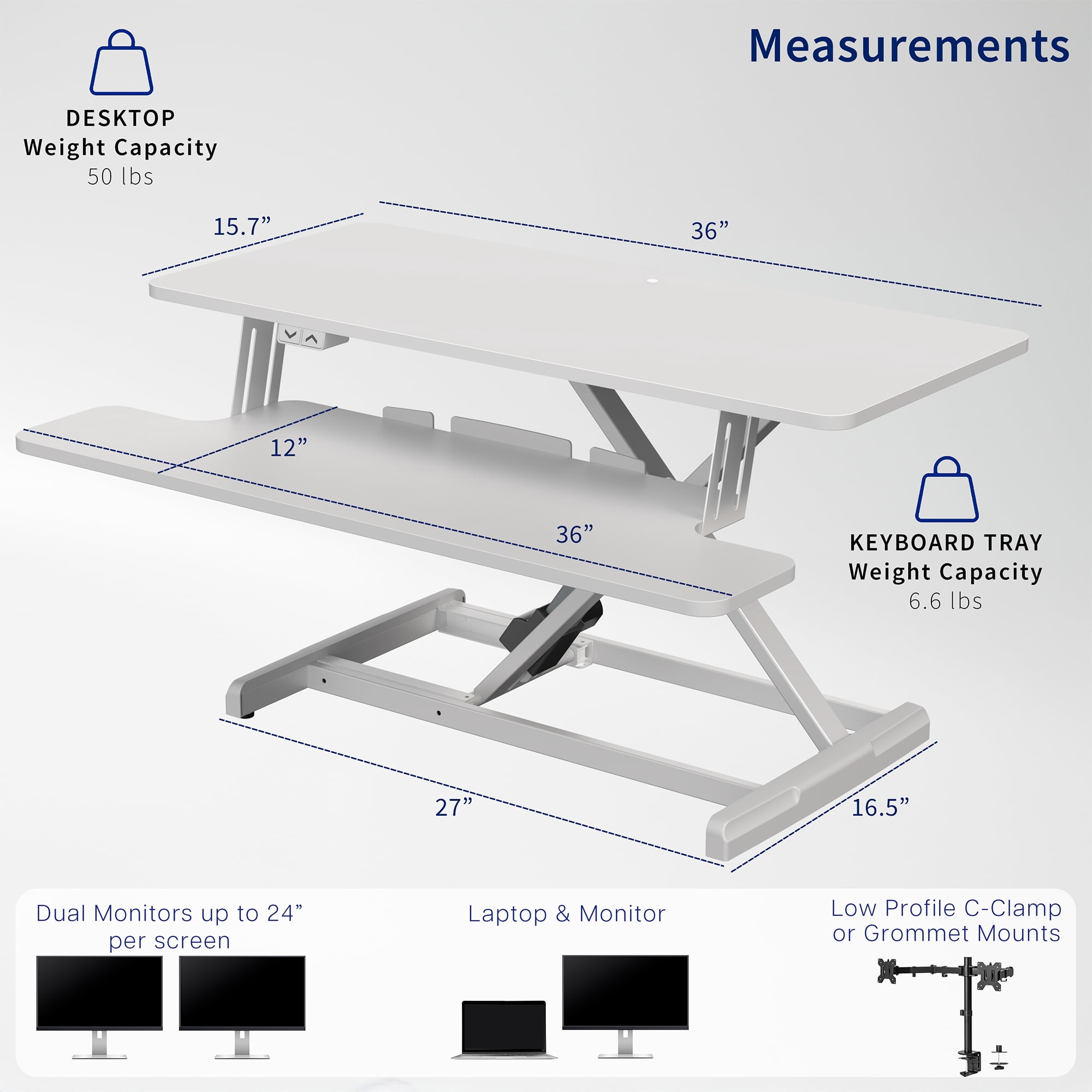 VIVO White Electric 36" Standing Desk Monitor Riser, Dual Arm Sit Stand Tabletop