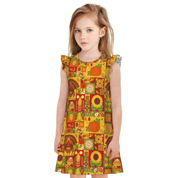 Balery Thanksgiving Day Camisón de princesa para niñas, pijama de algodón con mangas abullonadas, suave y bonito.-Large