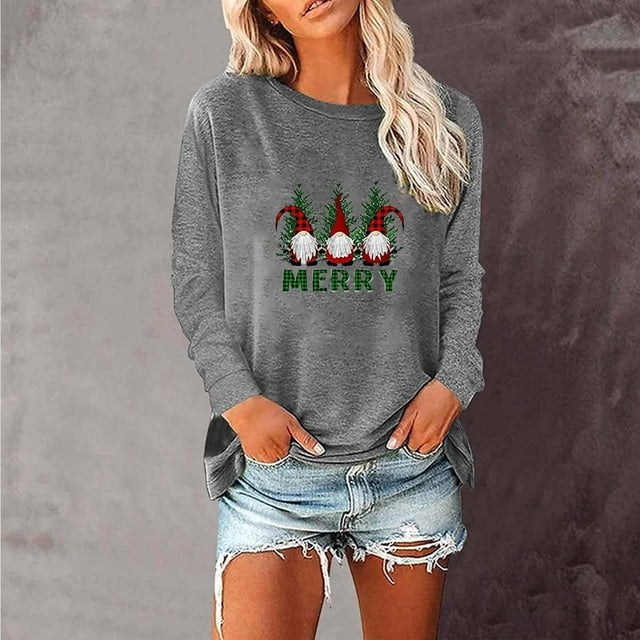 Promotions d'Été! Aqestyerly Haut de Noël en Solde, Col Rond, Imprimé de Noël, Manches Longues, Récréatif