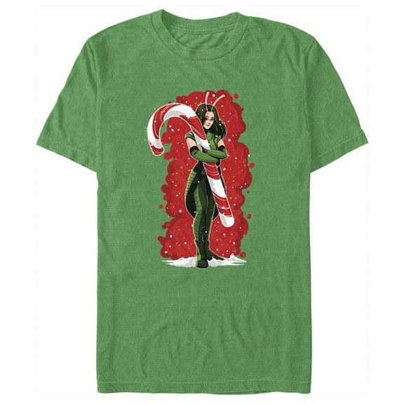 Men's Guardians of the Galaxy Holiday Special Mantis Candy Cane Hug Graphic Tee Kelly Heather Small